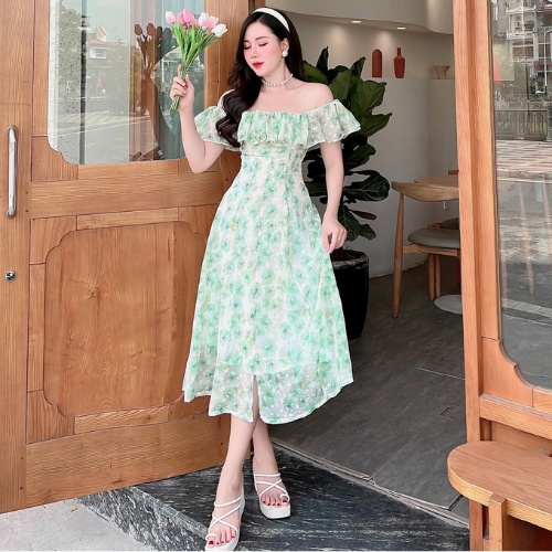 Đầm trễ vai, váy trễ vai đi biển, đi tiệc Chất liệu voan tơ hạt V3_Deloga