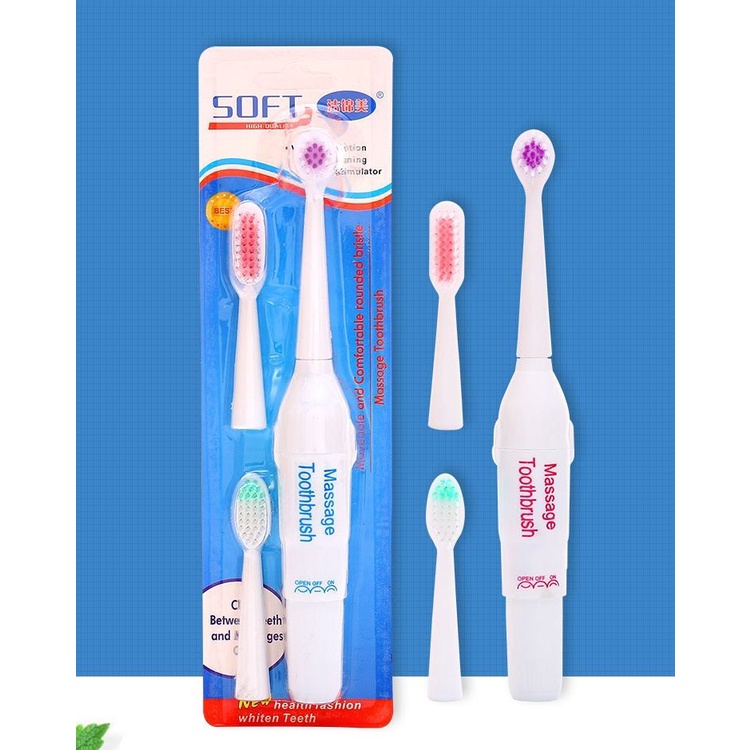 BÀN CHẢI ĐÁNH RĂNG MASSAGE TOOTHBRUSH SIÊU MỀM DÙNG PIN CHẠY TỰ ĐỘNG GỒM 3 ĐẦU THAY THẾ TIỆN LỢI