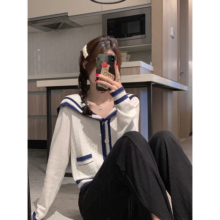 Áo khoác cardigan ZHELIHANGFEI dệt kim cổ thủy thủ eo cao gợi cảm hợp thời trang