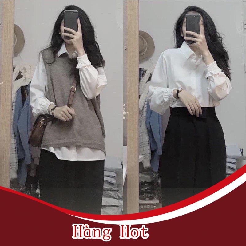 Áo sơ mi nữ trắng đi học tay dài bo nhúm cổ bẻ basic form rộng vừa - Sơ mi đi học sinh nữ trắng tay dài