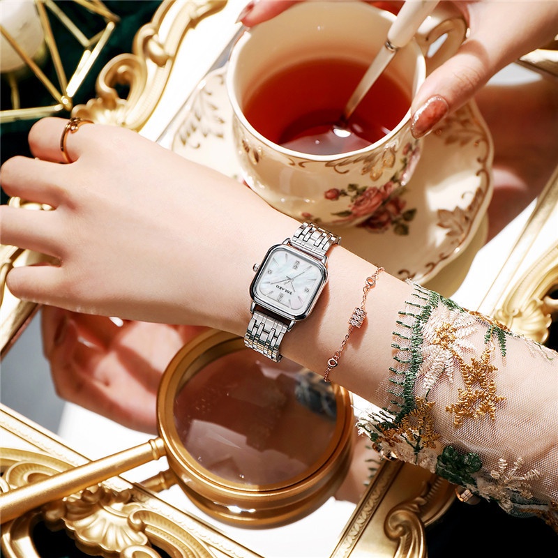 Đồng Hồ Đeo Tay Máy Quartz Mặt Vuông Dây Thép Không Gỉ Thời Trang Cho Nữ