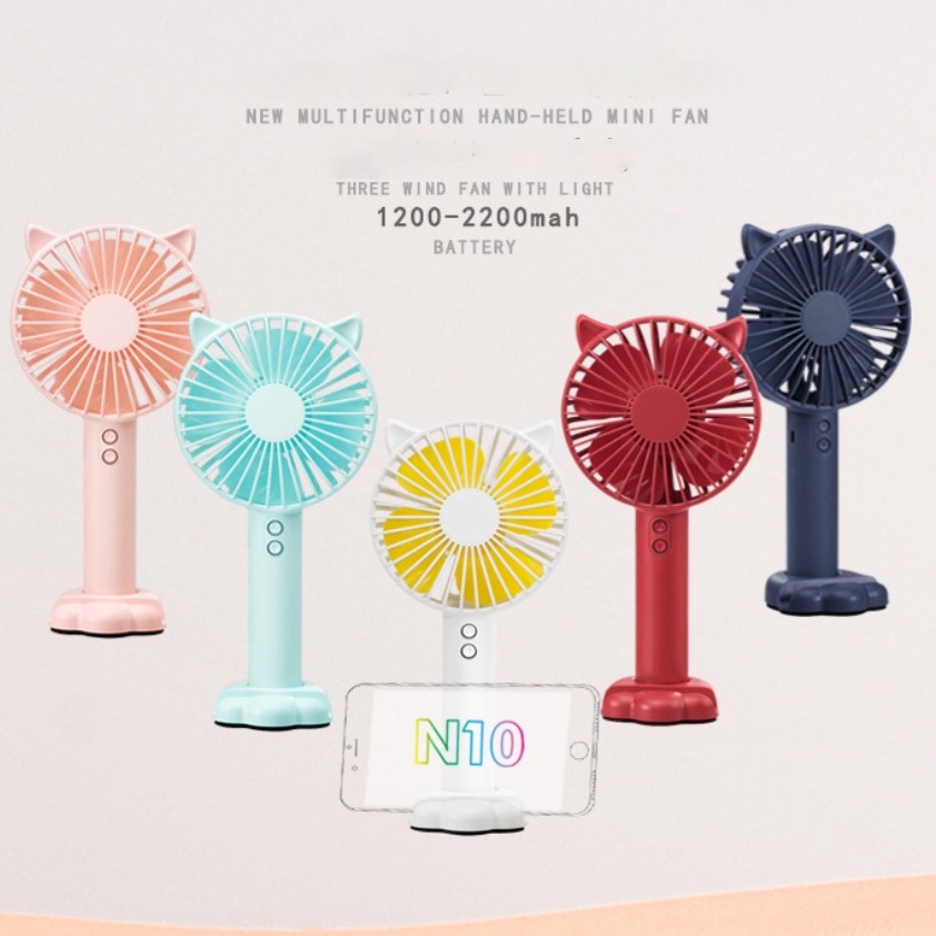 Quạt mini cầm tay tiện dụng handy fan 3 tốc độ gió tai mèo cao cấp có đèn kiêm giá đỡ điện thoại