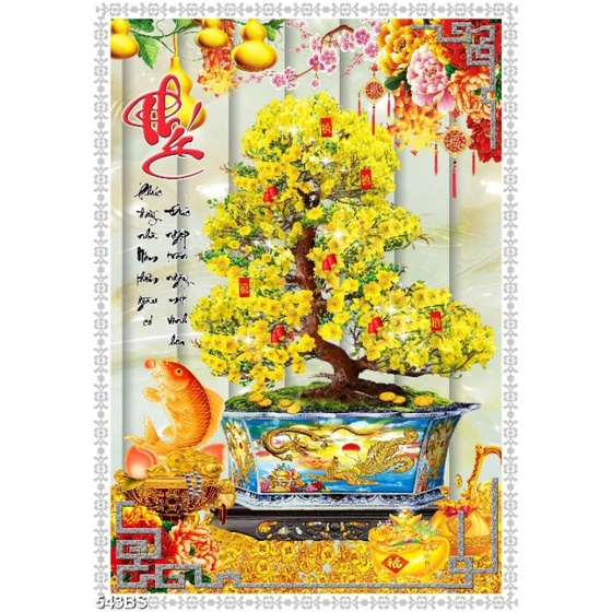 TRANH DÁN TƯỜNG 3D CHẬU BONSAI CÂY MAI THƯ PHÁP CHỮ PHÚC 543BS - TRANH CHẬU HOA CHƯNG TẾT