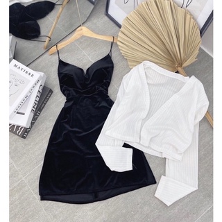 Set 2 món đầm nhung cổ đổ 2 dây kèm áo khoác gân trắng