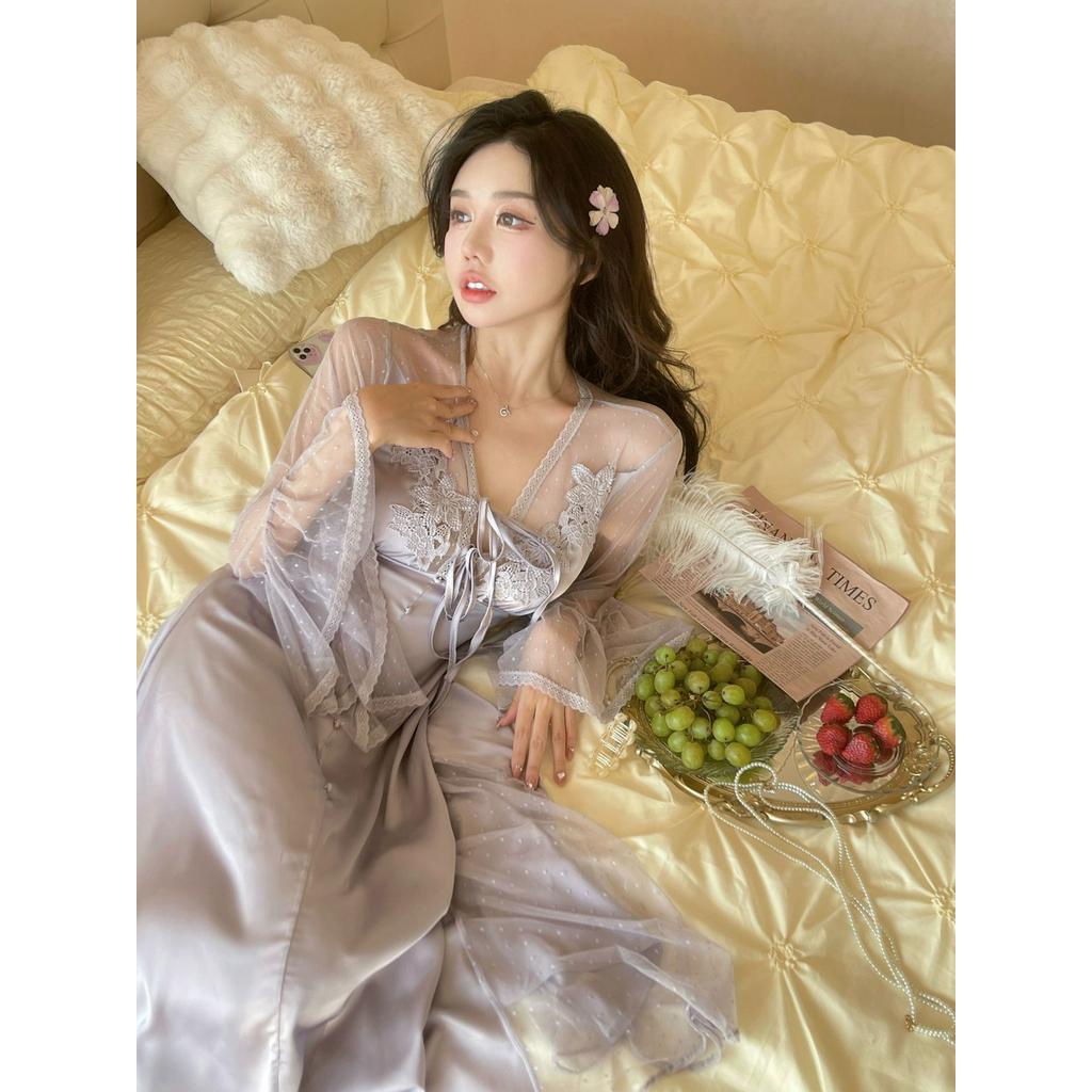Đầm Ngủ Dáng Dài Có Mút Đệm Ngực Thiết Kế Ngọt Ngào Phong Cách Pháp Thời Trang Mới 2023 Cho Nữ