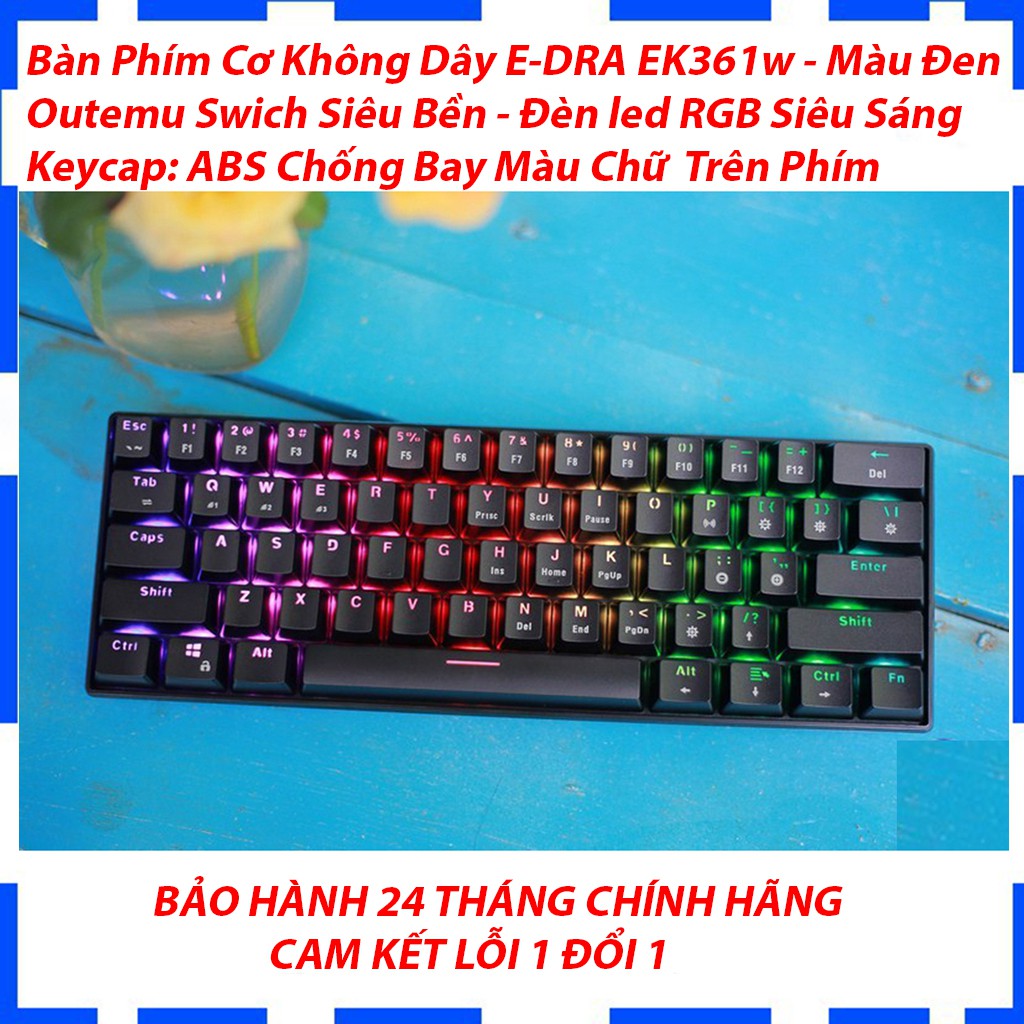 Bàn Phím Cơ Bluetooth E-DRA EK361W - Màu Đen - Đèn led RGB siêu sáng - Bàn phím cơ 61 phím - Bảo hành 24 tháng