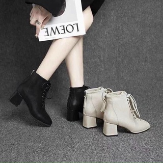 Giày bốt nữ cổ lửng nhiều dây cao cấp - boots nữ đế cao 7cm gót vuông shopsieure88