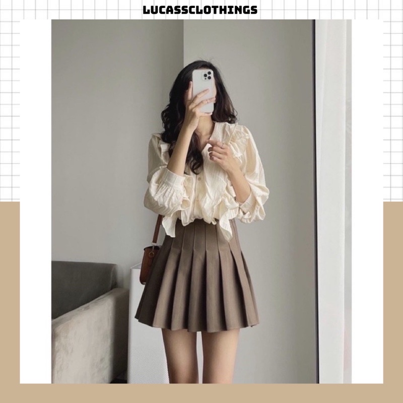 Chân váy xếp ly màu nâu, chân váy tennis cạp cao tôn dáng (kèm quần trong)