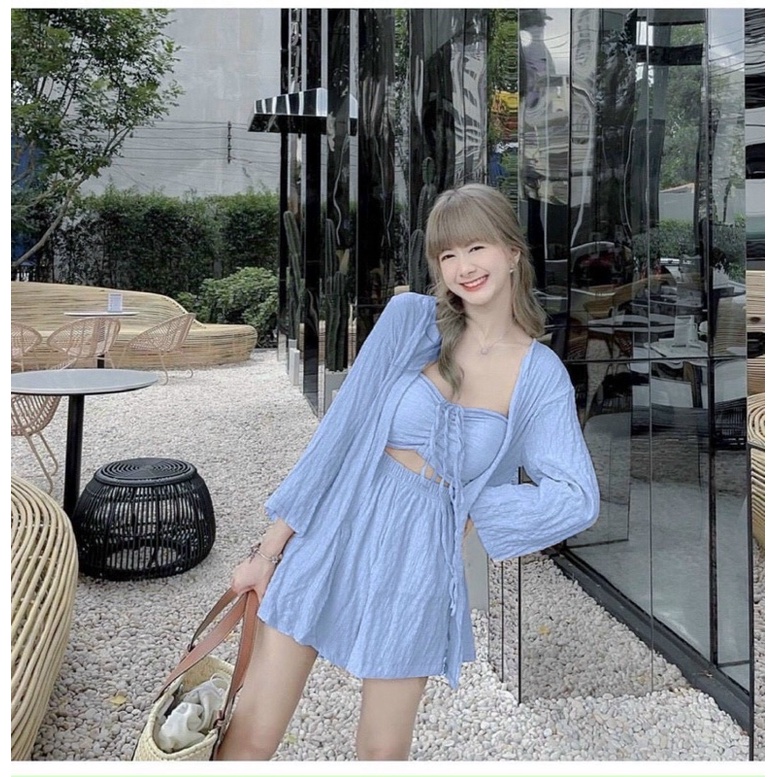 SET 3 MÓN: KHOÁC FORM DÀI +ÁO CROP RÚT DÂY NGỰC + CHÂN VÁY✨
