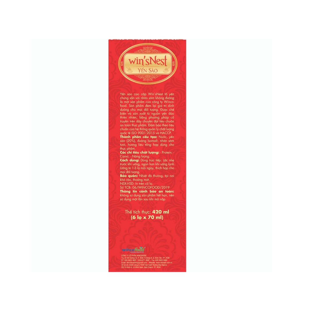 Thùng 6 hộp Yến Sào Win'snest Tổ Yến Chưng Sẵn Nhân Sâm Không Đường 20% (6 lọ x hộp)