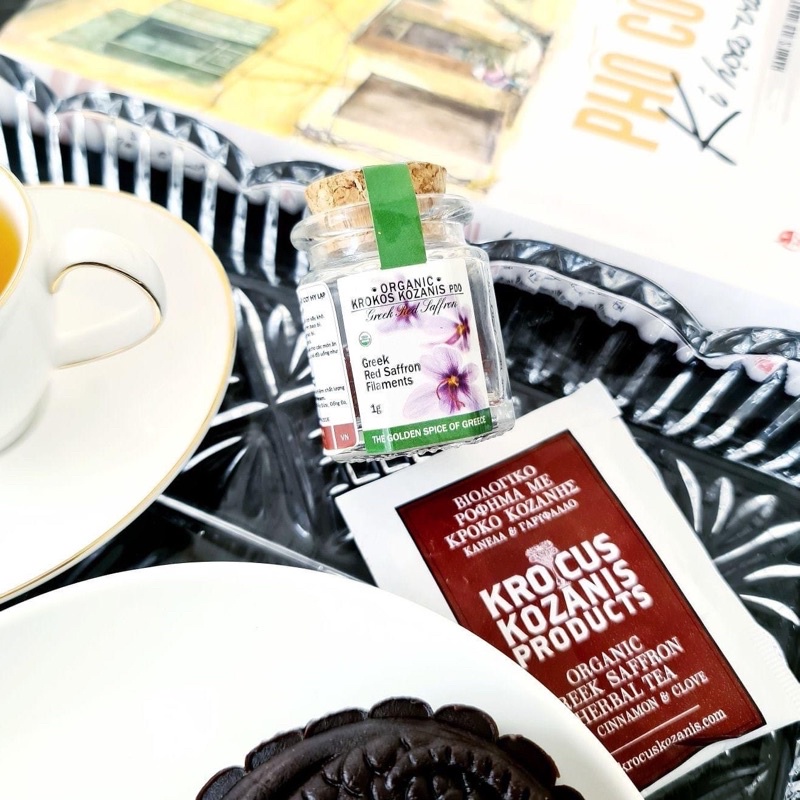 Nhụy Hoa Nghệ Tây Saffron Organic Hy Lạp nhãn hiệu Krokos Kozanis lọ thủy tinh tem xanh 1g