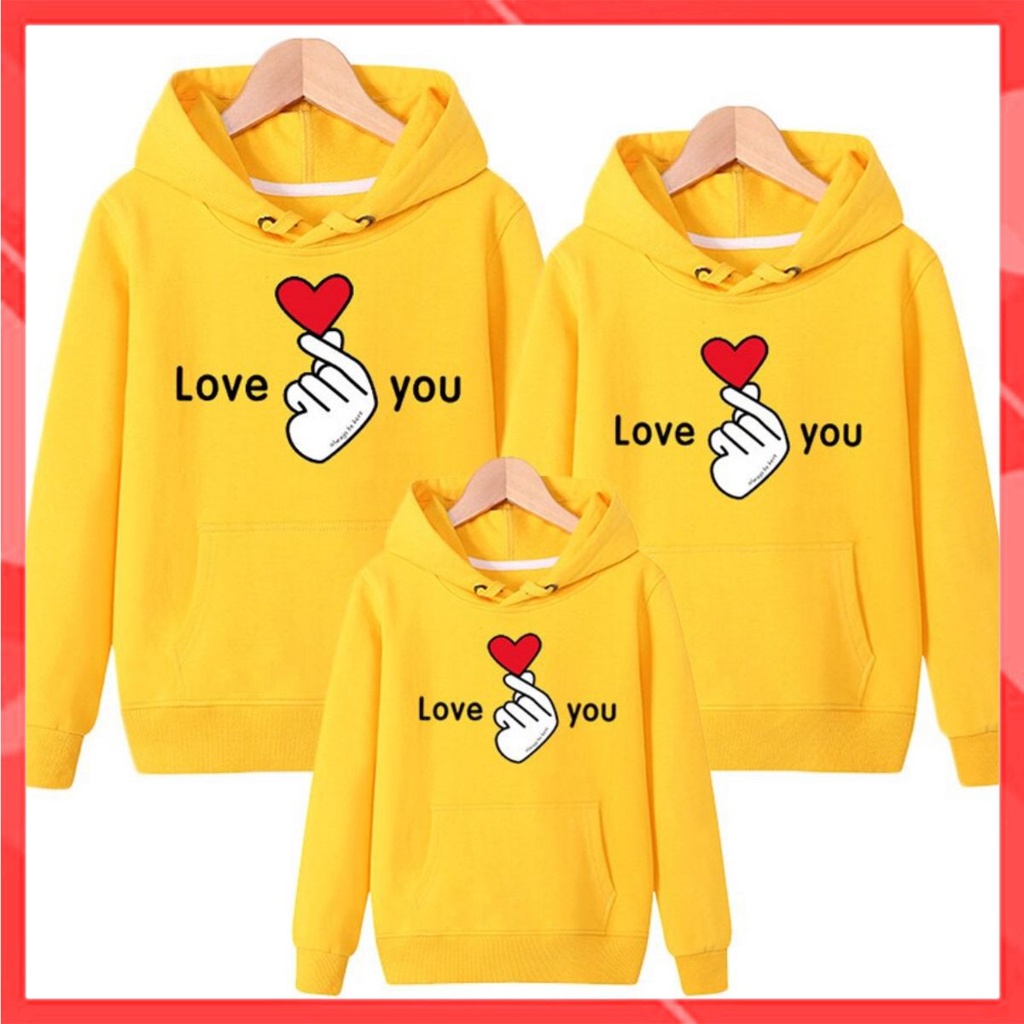 Áo Hoodie Gia Đình Familylove - Áo Hoodie Nón/Túi Love You Bắn Tim Dễ Thương Chất Liệu Nỉ Da Cá Cao Cấp