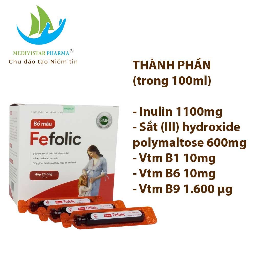 Siro Bổ Máu Fefolic MEDIVISTAR PHARMA Bổ Sung Sắt Và Acid Folic Dành Cho Bà Bầu, Phụ Nữ Đang Cho Con Bú Hộp 20 Ống x10ml