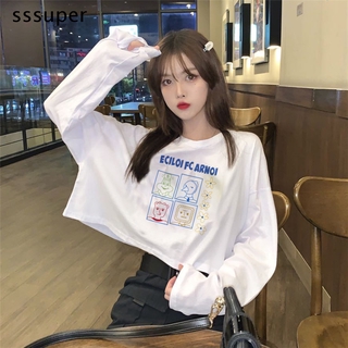 Áo Croptop Tay Dài Hoạ Tiết Hoạt Hình Phong Cách Ulzzang