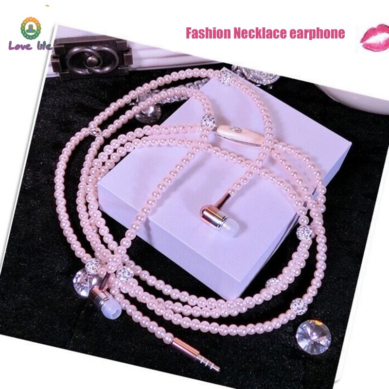 VN✿ Rhinestone Jewelry Fake Pearl Necklace Earphones With Microphone Earbuds Gifts For iPhone Xiaomi Samsung