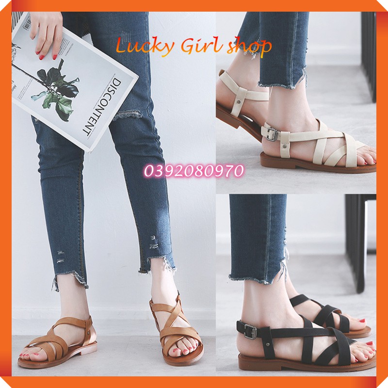 Sandal Nữ/ Giày Xăng-đan Nữ Quai Chéo Giản Đơn Da Bò Đế PU Nhựa Chống Trượt Size 36-39 - Lucky Girl shop