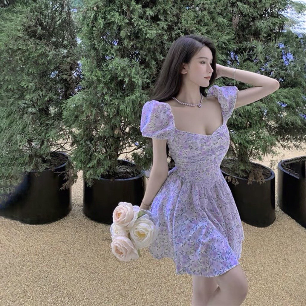 Váy tay bồng, váy hoa tím cổ U đủ size SML