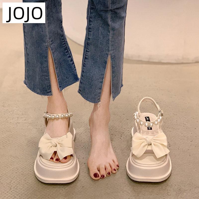 Giày Sandal Đế Dày Quai Nơ Đính Ngọc Trai Thời Trang Dành Cho Nữ