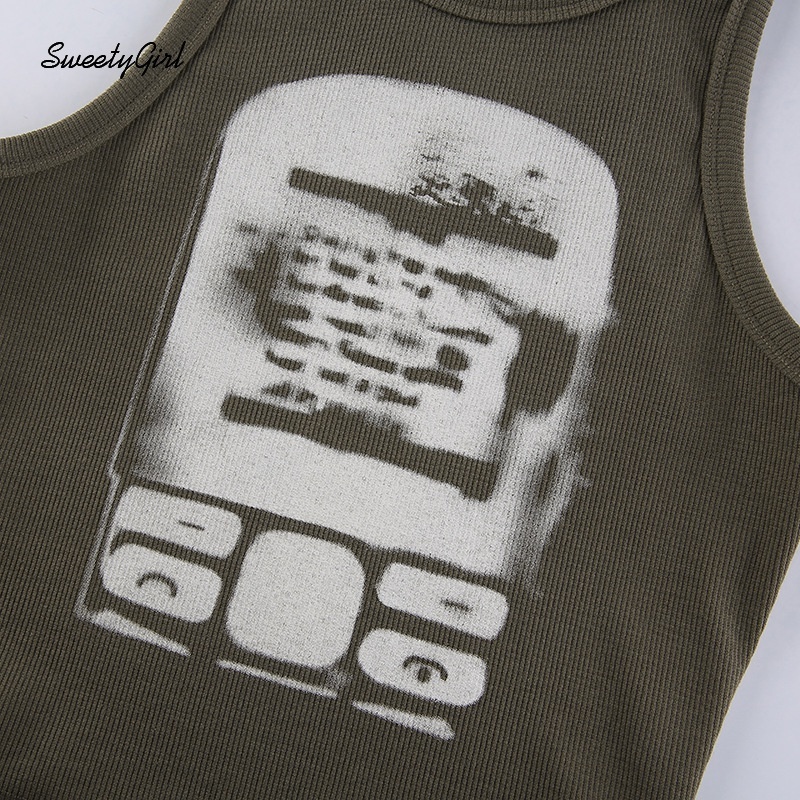 Áo sát nách cổ tròn dáng ôm in họa tiết điện thoại độc đáo thời trang cá tính cho nữ