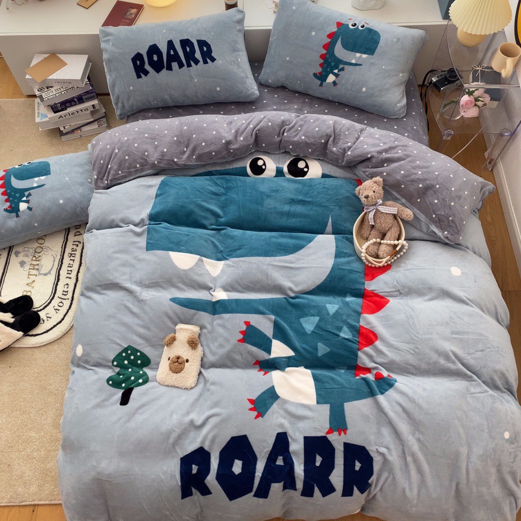 Bộ Chăn Ga Nỉ Nhung 5D Mịn Hoạ Tiết Cho Bé