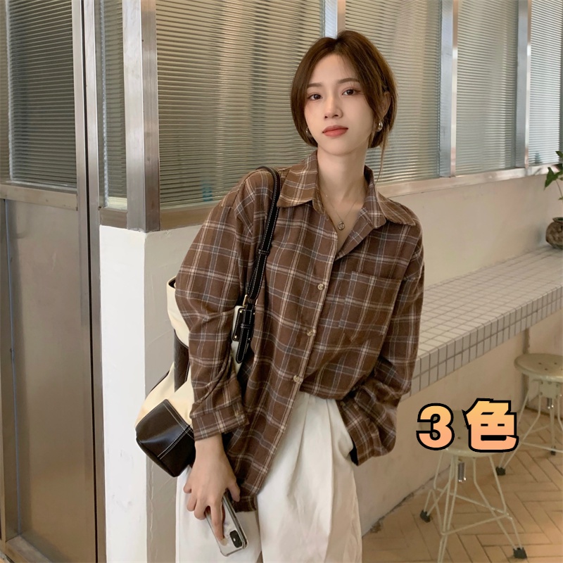 Áo Sơ Mi Cotton Tay Dài Dáng Rộng Kẻ Sọc Caro Phong Cách Hàn Quốc Đơn Giản Dễ Phối Đồ