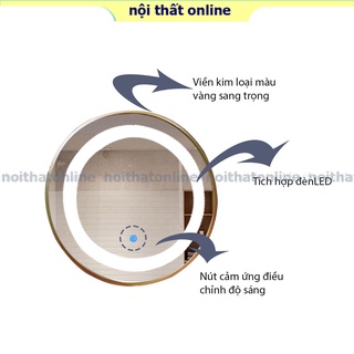 Gương hình tròn, hình elip, lục giác, gương treo tường mạ kim viền kim loại tích hợp đèn LED có nút cảm ứng thông minh
