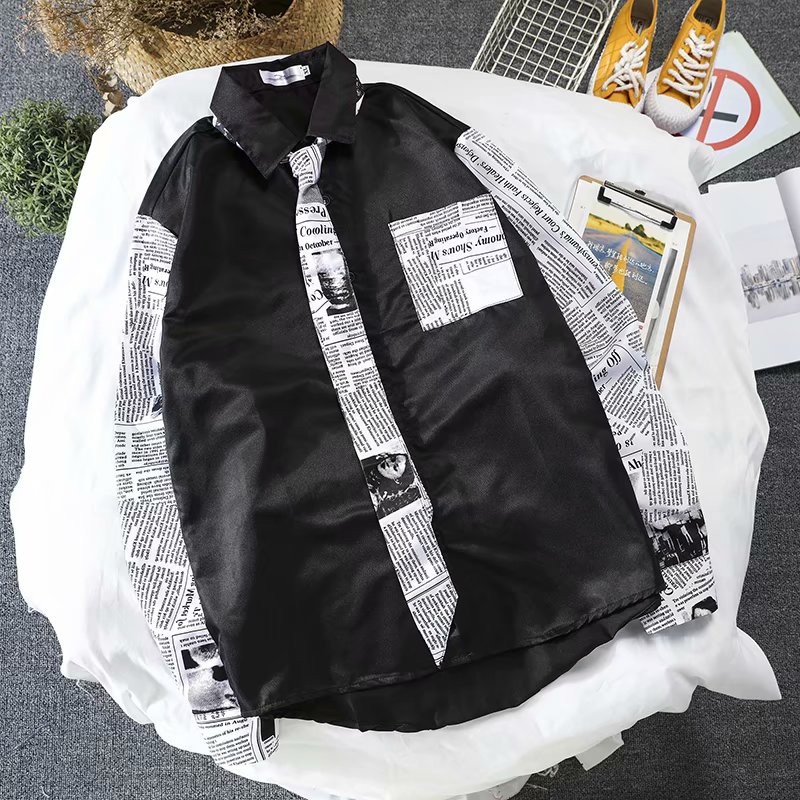 European and American style fashion newspaper printed long-sleeved shirt for men