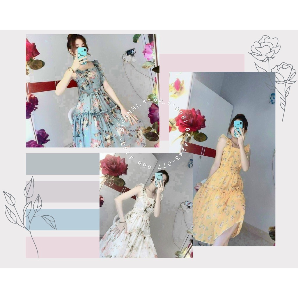 ĐẦM HOA NHÍ TAY CÁNH TIÊN 2 TẦNG DÁNG DÀI (CÓ LÓT) D1515 BNS - Ruffle Armhole Floral Dress