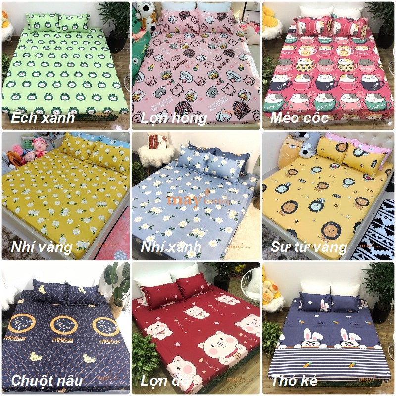 (Full mẫu) Bộ Ga Drap Bọc Nệm Kèm 2 Vỏ Áo Gối Poly Cotton (Chat chọn mẫu)