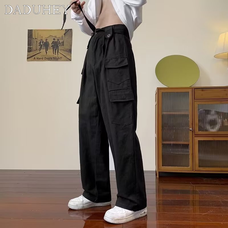 DaDuHey American Retro Autumn Multi-Pocket Elastic Waist Overalls Men and Women Oversize Baggy Straight Pants