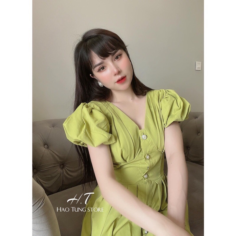 VÁY cổ V cúc ngọc tay phồng xếp ly