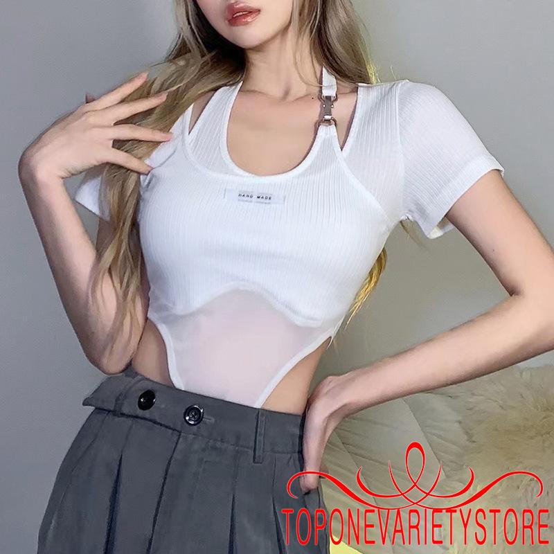 TOPQ-Women Short Sleeve Korean Style Bodysuit with Halter Buckle Letter Pattern Skinny Version Summer Clothing | BigBuy360 - bigbuy360.vn