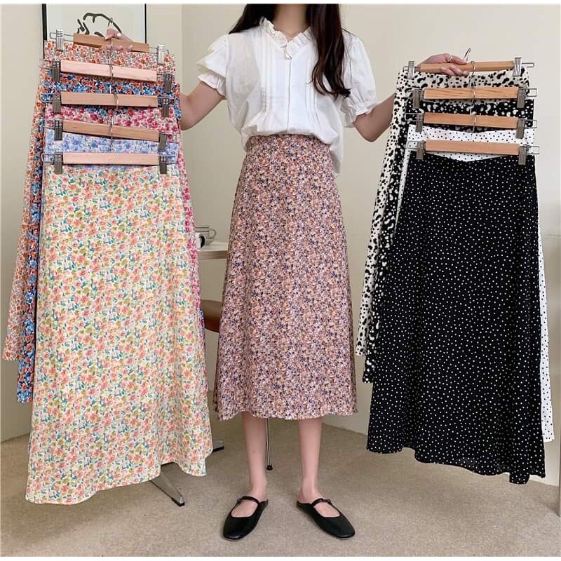 Chân váy hoa nhí dáng dài cạp chun