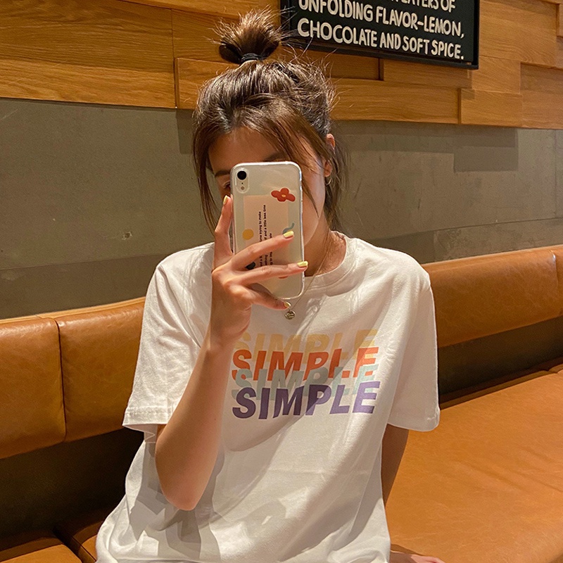 Áo Thun Tay Ngắn Cổ Tròn In Chữ Thời Trang Mùa Hè Phong Cách Hàn Quốc Cho Nữ