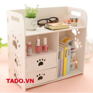 (loại 1) Kệ tủ gỗ mini để đồ mỹ phẩm trên bàn trang điểm có 2 ngăn kéo họa tiết bàn chân chó cún xinh GD681