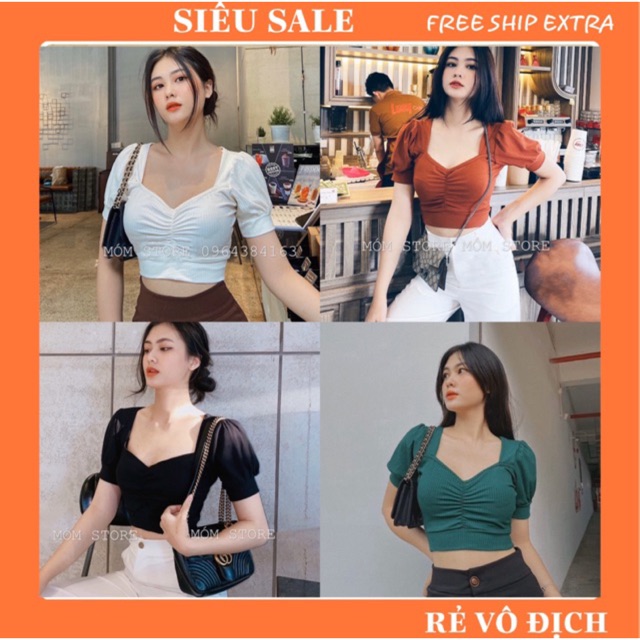 Áo Thun Gân Croptop Nhún Ngực Tay Phồng Co Giản