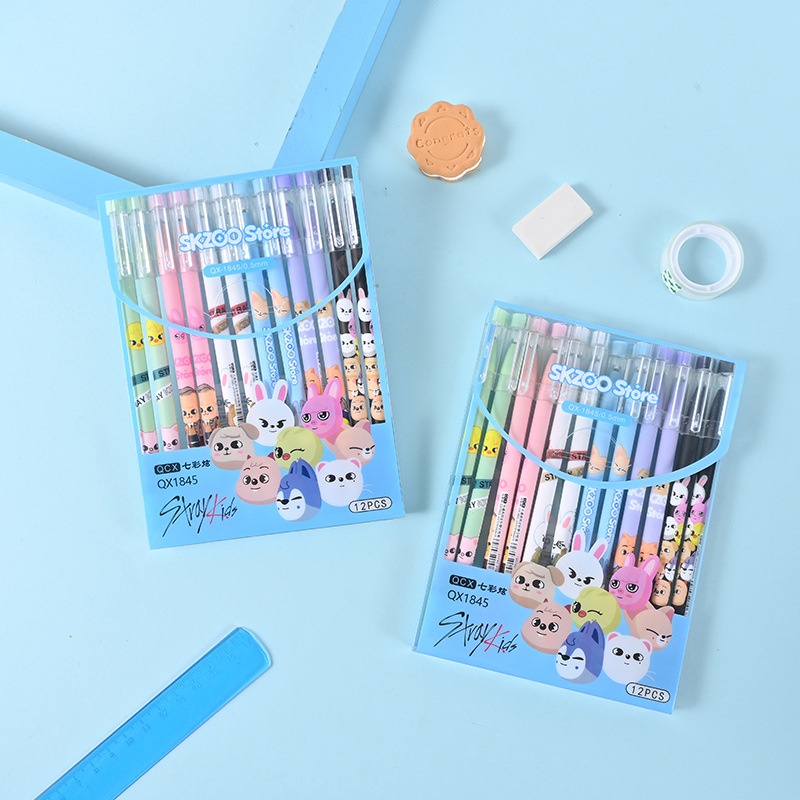 Hộp 12 Bút Gel Họa Tiết Hoạt Hình KPOP Stray Kids Skzoo Đáng Yêu