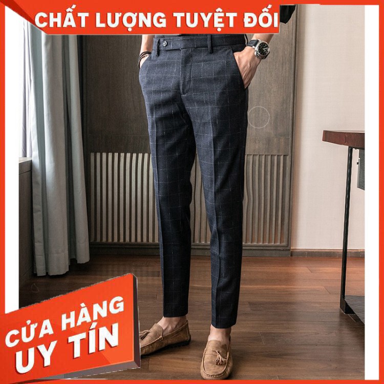 Quần tây nam kẻ karo dáng ôm vải cotton mềm mát, quần dáng âu 2 màu ghi tối và ghi sáng dễ dàng phối đồ, dáng côn - Hàng