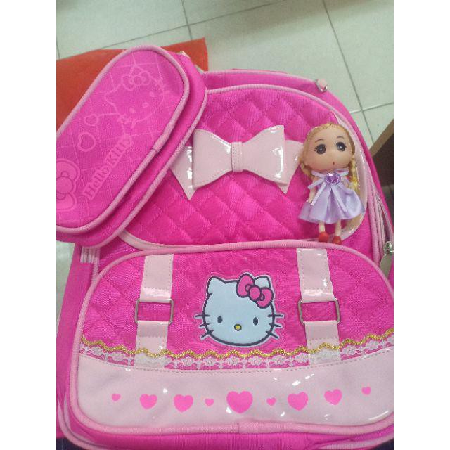 Cặp Sách Đi Học Cho Bé Yêu, Balo Chống Gù, Ba lô Chống Nước Hình Hello Kitty Dễ Thương. Tặng kèm hộp đựng bút và búp bê