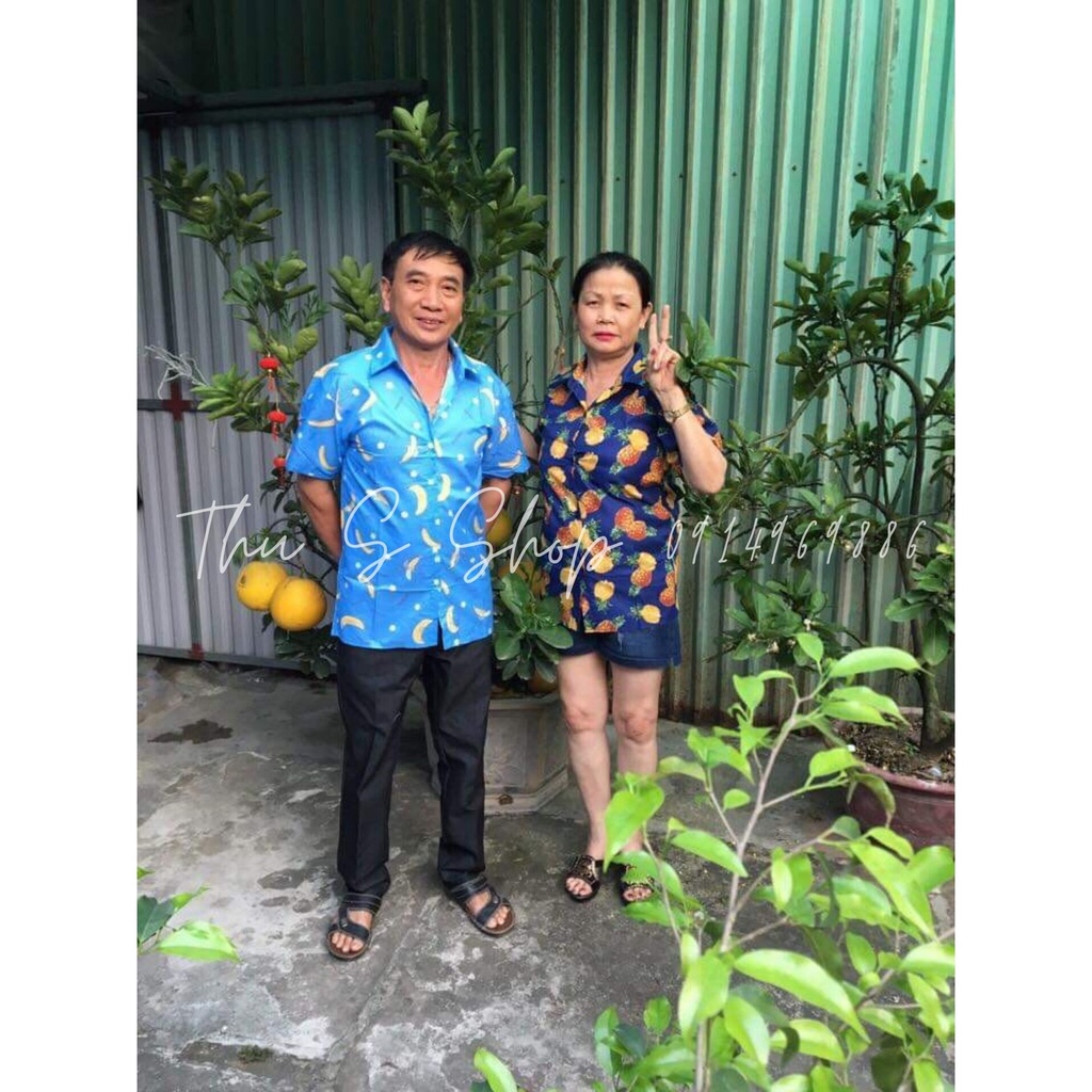 Áo Sơ Mi Đi Biển Áo Đôi Nam Nữ Đồng Phục Teams Họa Tiết Hoa Quả Chất Kate Thô THUS A1E01