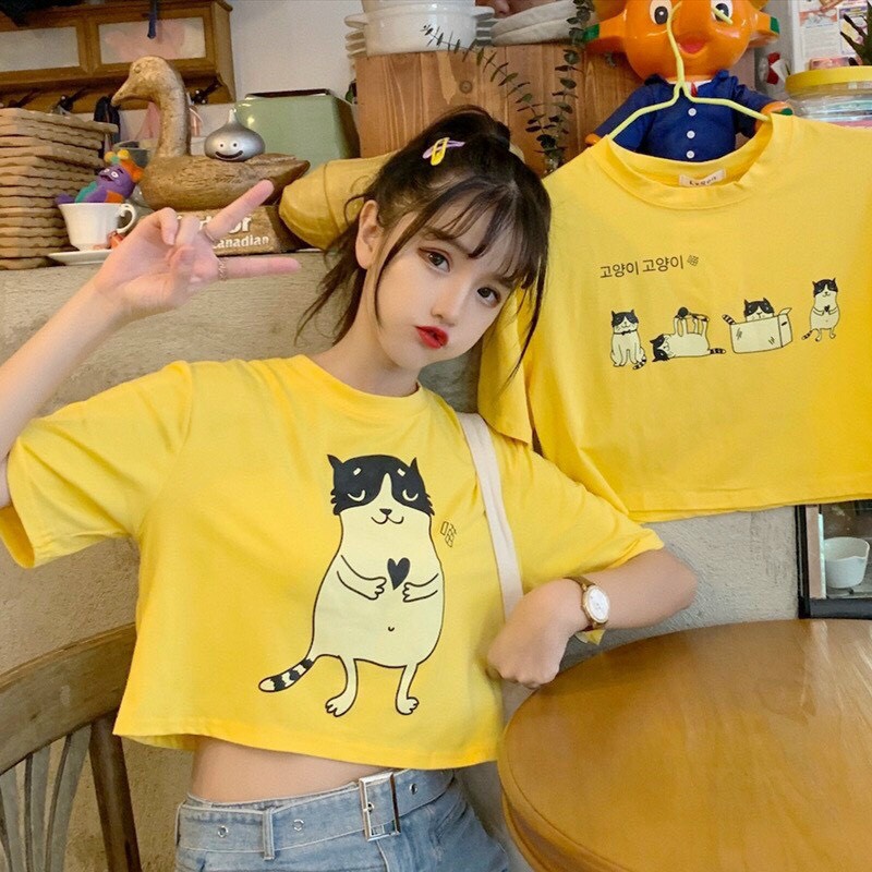 Áo Croptop nữ form rộng kiểu Hàn Quốc MÈO ĐUÔI SỌC Freesize dưới 55kg Molly Fashion