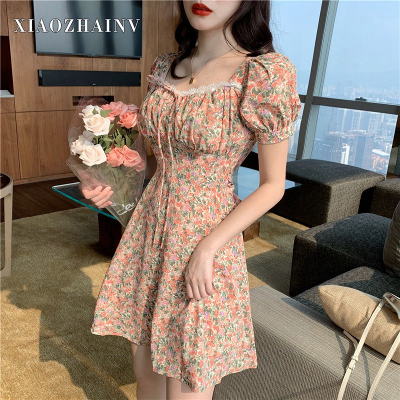Xiaozhainv Đầm Cổ Vuông Tay Phồng Họa Tiết Hoa Xinh Xắn Phong Cách Retro Hàn Quốc | BigBuy360 - bigbuy360.vn