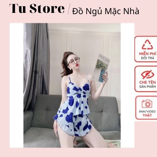 Đồ Ngủ Bò Sữa, Đồ Nữ Mặc Nhà Áo Tay Ngắn Quần Đùi Họa Tiết Bò Sữa, Chất Lụa Cao Cấp, Hàng Chuẩn Size Form To < 58kg Mặc