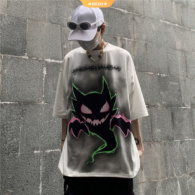 Streetwear Fashion Korea Oversized Shirt Dark Pokémon Printing T-shirt Tie-dye Hip Hop Loose Fit Plus Size Tee Short Sleeve for Men and Women 【BIOAKU】