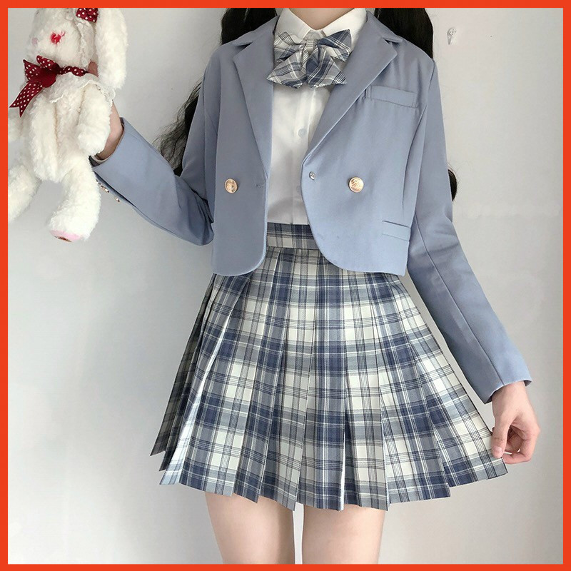 Set áo vest và chân váy tennis caro kèm dây cột nơ chất tuyết mưa dày dặn, như hình