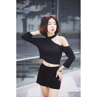 Áo Crop lệch vai thun gân