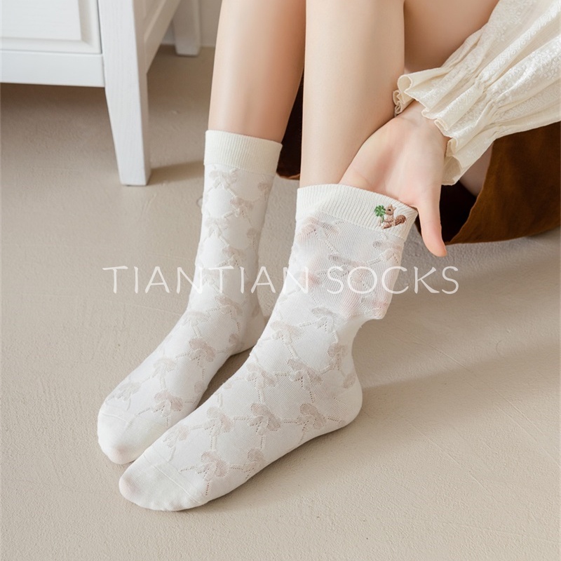 TIAN TIAN T236 Vớ Cotton Tất Cao cổ Ba Chiều Thêu Họa Tiết Gấu Hoạt Hình Dễ Thương Phong Cách Nhật Bản Thời Trang Xuân Hè Cho Nữ