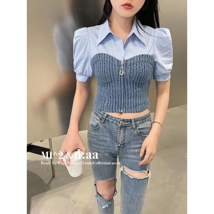 Áo sơ mi COZOKC denim ngắn tay dáng ôm kiểu cổ điển cá tính