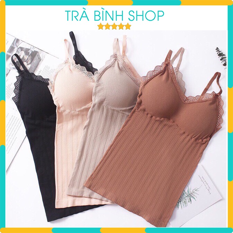 Áo Hai Dây Phối Ren Chất Len Co Dãn Áo 2S Có Mút Ngực 4 Màu