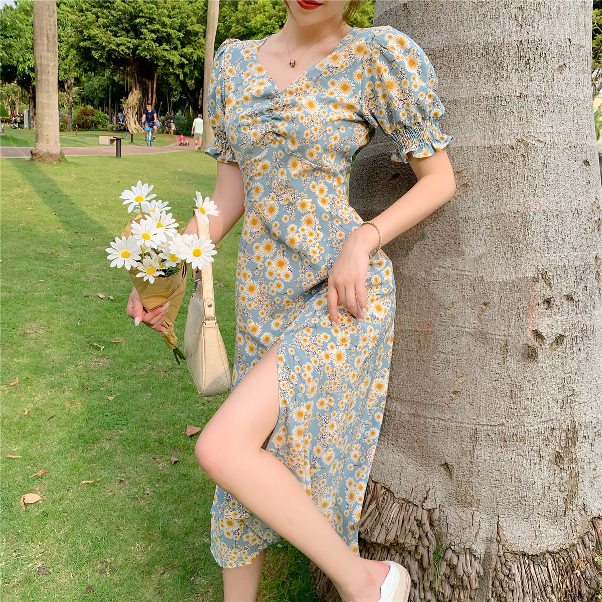 đầm ulzzang Nữ Tay Ngắn In Hình Hoa Cúc Phong Cách Hàn Quốc | BigBuy360 - bigbuy360.vn